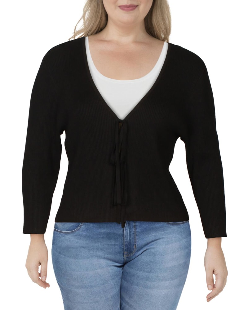 Front of a model wearing a size 3X Danielle Bernstein Women's Plus Ribbed Tie Front Cardigan Sweater Black Size 3X in Black by Danielle Bernstein. | dia_product_style_image_id:314610